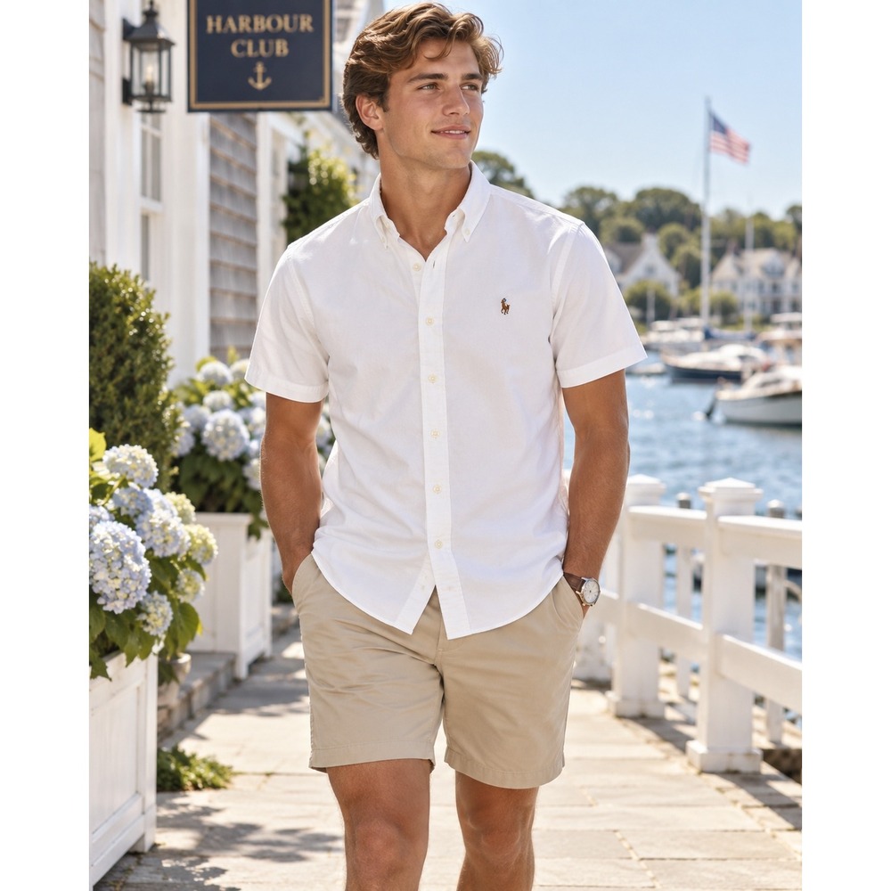 Ralph Lauren Mens White Short Sleeve Cotton Oxford Button Down Shirt Size L